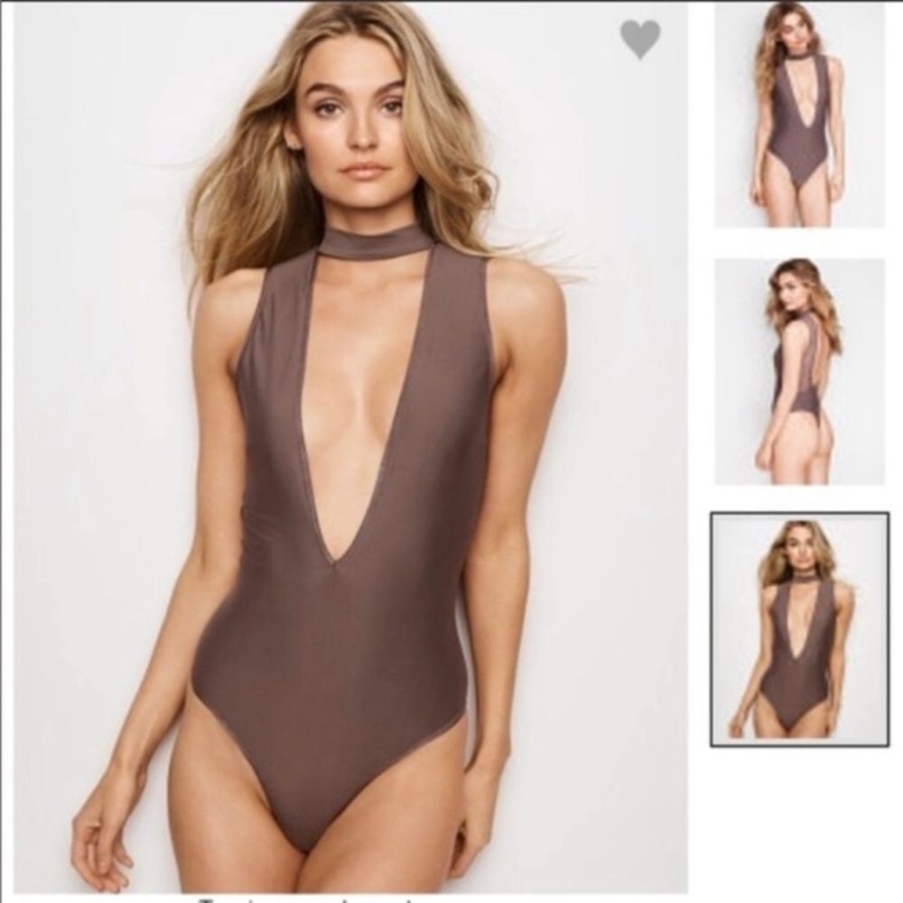 ⚡️VS Maroon Plunge Neck Teddy Choker Mesh Bodysuit Lingerie Red NWOT Medium